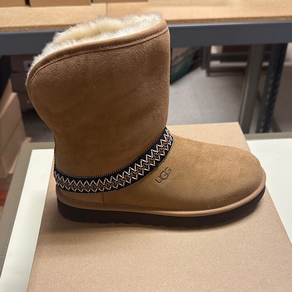 UGG Women’s Classic Short Crescent Chestnut Suede Boots with Shearling Lining - Picture 6 of 13
